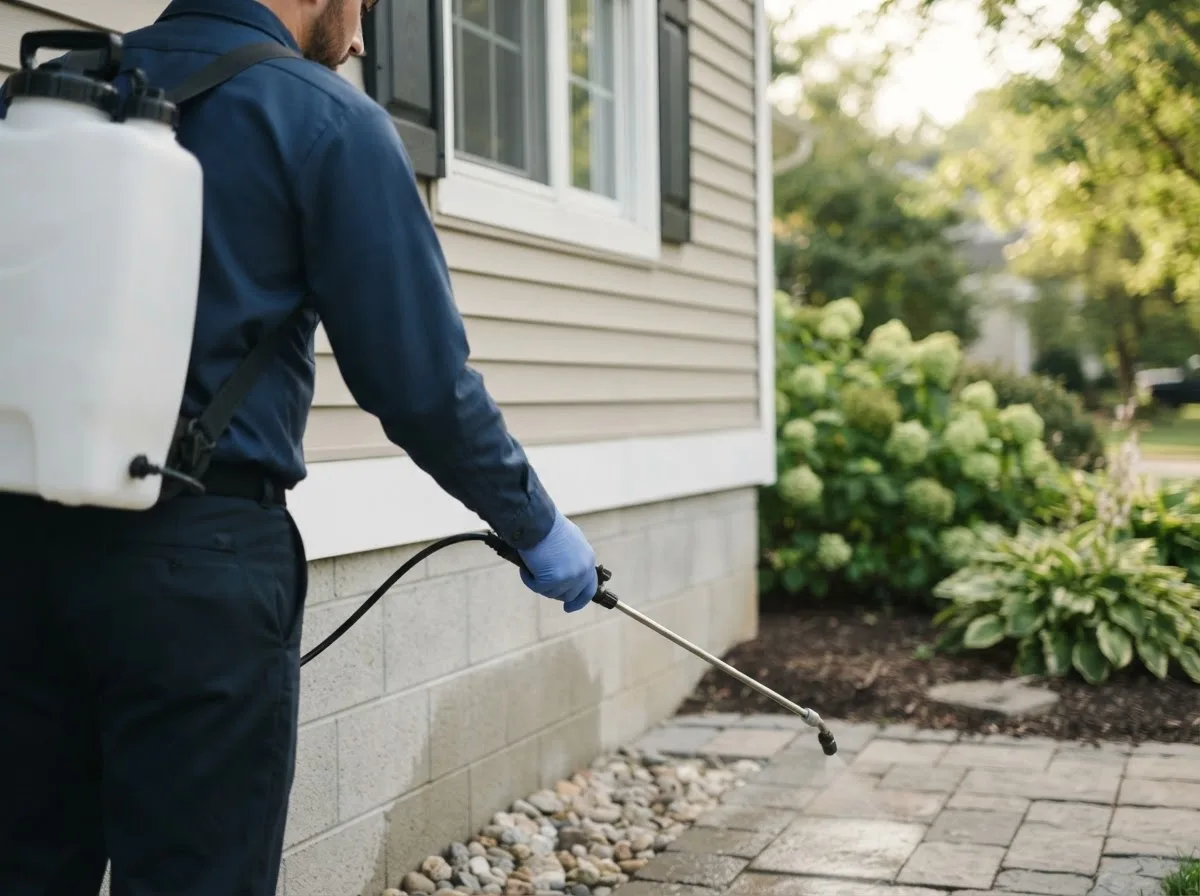 Pest control technician inspecting a home in Athena, OR